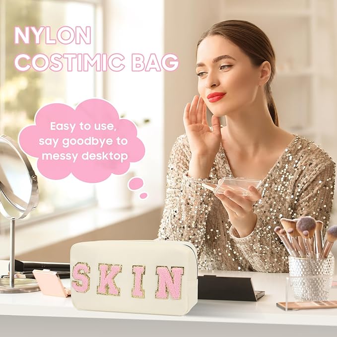 4 Pcs Nylon Cosmetic Bags Travel Organizer Chenille Letter Makeup Pouch Zipper Preppy Waterproof Hair Bag Toiletry Pouch for Women Girls Pinks