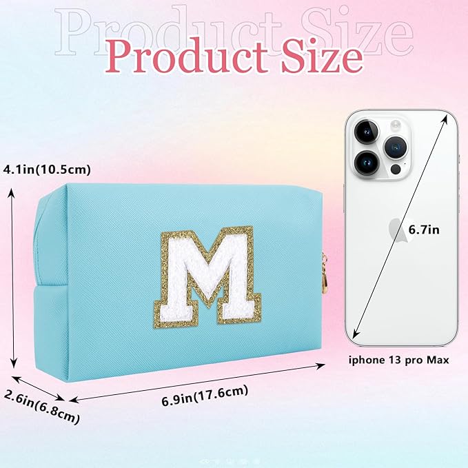 Small Personalized Letter Makeup Bag, Cute PU Leather Chenille Letters Cosmetic Bag Travel Makeup Pouch, Preppy Travel Organizer Zipper Pouch for Women&Girls（Blue-M）