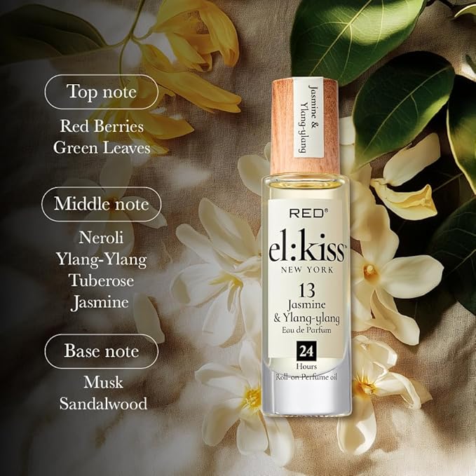 EL:KISS Roll On Perfume, Jasmine & Ylang Ylang Inspired by Ch. Gabrielle, Eau de Parfum 12mL (.40 Fl Oz), Hydrating & Long-Lasting, Alcohol & Mineral Oil-Free, Infused With Jojoba, Argan & Coconut Oil