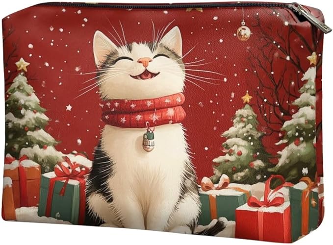 COEQINE Christmas Cat Makeup Bags for Women Travel Leather Make Up Pouch Portable Cosmetic Bag Waterproof Travel Makeup Case Organizer for Womens Birthday Xmas Gifts Toiletry Handbag for Holiday