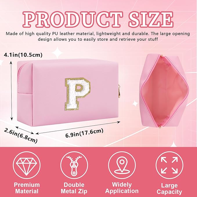 Personalized Initial Letter Patch Makeup Bag, Preppy Portable Chenille Cosmetic Bag with Zipper, PU Leather Waterproof Travel Toiletry Bag Monogram Make Up Pouch for Women Girls