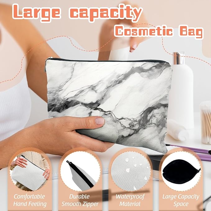 Makeup Bag Travel Cosmetic Bags Small Makeup Case Waterproof Zipper Pouch for Women Girls 7X9inches - Bold Black - Veined White Marble