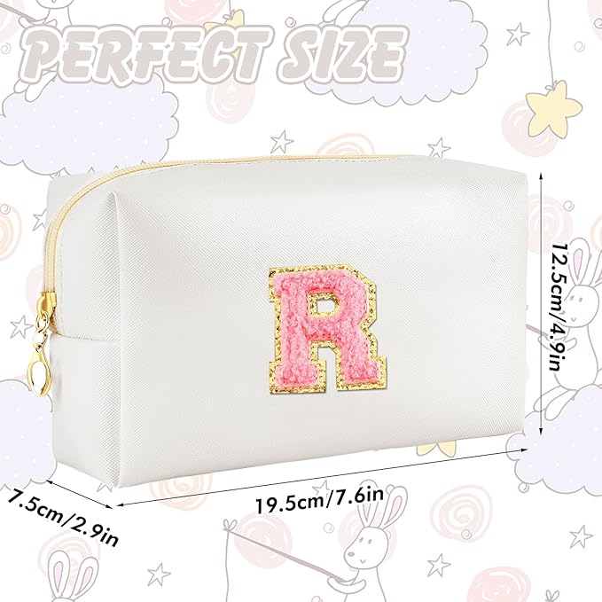 Initial Makeup Bag Personalized Preppy Travel Small Cosmetic Bag Cute PU White Chenille Letter Makeup Pouch for Purse Waterproof Zippered Toiletry Organizer for Women Girls Kids Friends (R)