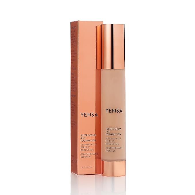 YENSA Serum Foundation Makeup - Super Silk Full Coverage Foundation Enriched with Peptides, Vitamin C & Ferulic Acid to Help Reduce Fine Lines, Wrinkles & Dark Circles - Tan 2 (1 oz)