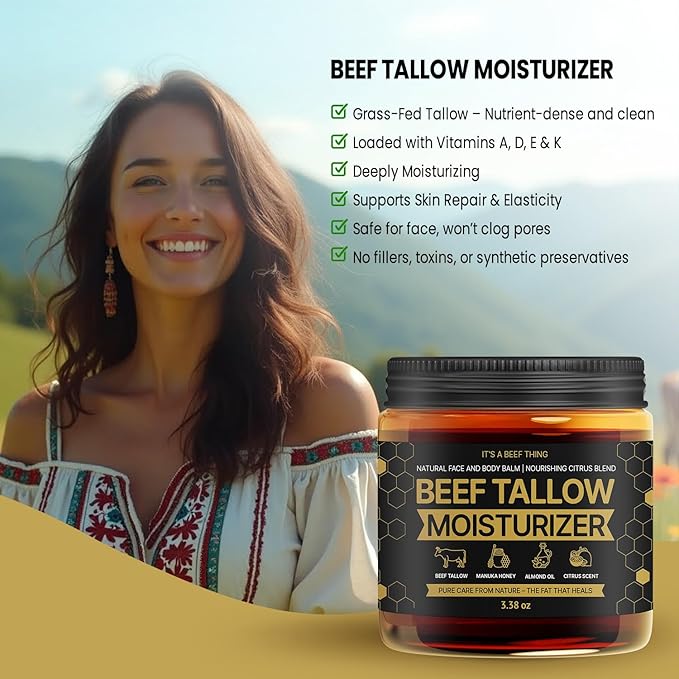 100% Grass-Fed Beef Tallow Balm with Manuka Honey, Almond Oil & Light Citrus Scent – Organic Whipped Moisturizer for Hydrating Face, Body & Dry Skin (3.38oz)