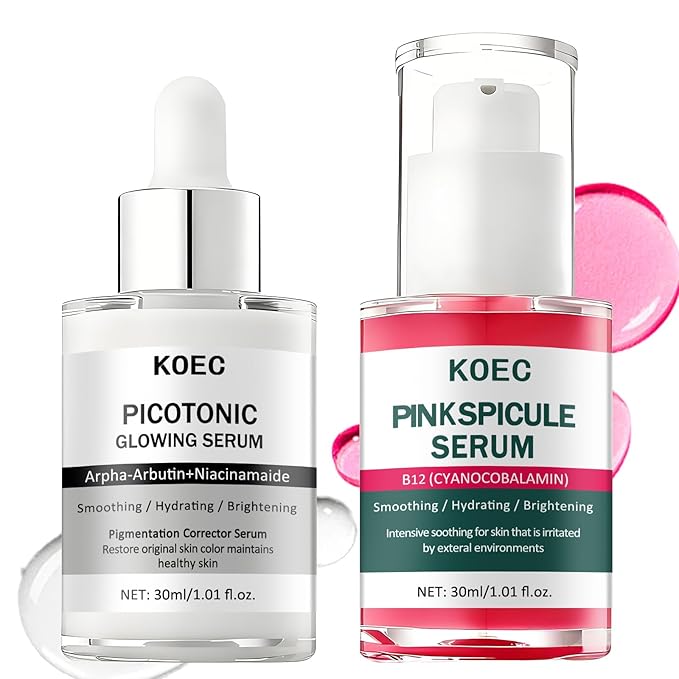 Dual-Action Acne Serum & Pico Tonique Essence Set - Minimizes Pores · Evens Skin Tone, Featuring Calcium Arbutin Ampoules, Niacinamide, Collagen - 1.01 fl oz (2-Bottle Set) (1)