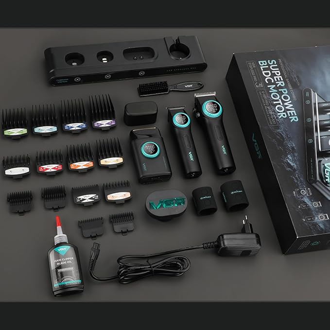 VGR 3 in 1 Professional Barber Clippers Set of Hair Clipper Trimmer Foil Shaver, Cordless Haircut Kit with Upgraded Powerful Motor, Integrated Charging Station, LED Display, Storage Box, Black