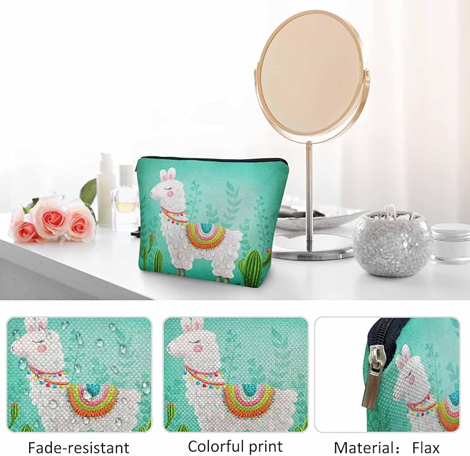 Makeup Bag Llama Makeup Bags For Purse Pouch, Funny Llama Alpaca Cactus Floral Green Travel Toiletry Bag Cosmetic Bag Makeup Bags Flax Makeup Organizer Bag Pencil Pouch For Man Woman
