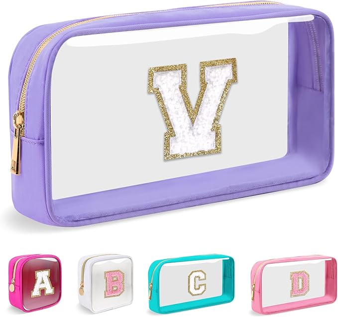 Small Clear Personalized Initial Makeup Bag,Preppy Nylon A-Z Chenille Letter Patch Makeup Organizer TSA Approved Travel Toiletry Bag,Waterproof Zip Beach Cosmetic Pouch Purse for Women(Purple-White V)