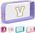 Small Clear Personalized Initial Makeup Bag,Preppy Nylon A-Z Chenille Letter Patch Makeup Organizer TSA Approved Travel Toiletry Bag,Waterproof Zip Beach Cosmetic Pouch Purse for Women(Purple-White V)