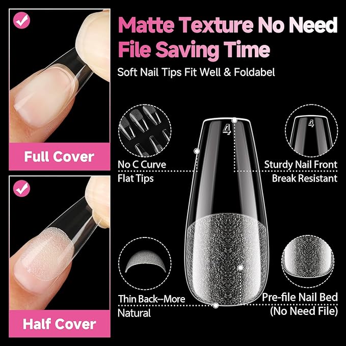 UNA GELLA Medium Coffin Nails Tips, 312Pcs Pre-Etched Gel Nail Tips Coffin Press On Nails Clear Full Cover for Nail Extensions & DIY Art Salon at Home, Long Lasting 12 Sizes