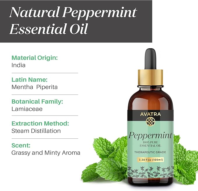 Avatra Peppermint Essential Oil 100ML (3.38 OZ) with Glass Dropper and Travel Bottle, Pure and Natural Therapeutic Grade Peppermint Oil for Diffuser, Aromatherapy, Massage, and DIY Candle Products