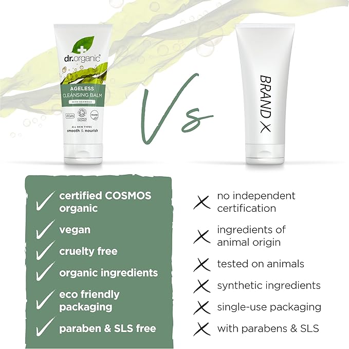 Dr. Organic Ageless Cleansing Balm with Seaweed | Moisturizing, Gentle, Removes Impurities, Certified Organic, Paraben & SLS-Free, Natural, Vegan, 100 ml / 3.4 fl oz