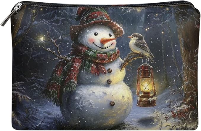COEQINE Merry Christmas Cosmetic Bag for Women Leather Snowman Birds Travel Makeup Bag For Women,Waterproof Portable Pouch Large Capacity Toiletry Bag Wallet Cell Phone Case for Travel