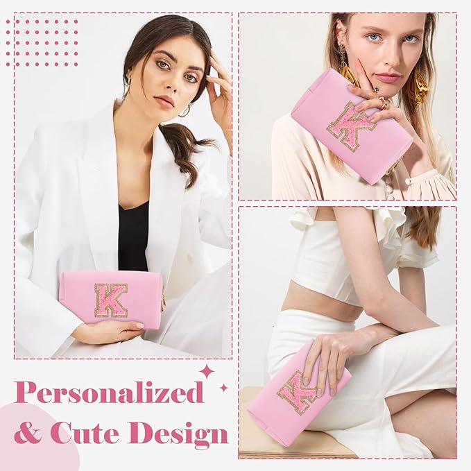 Personalized Initial A-Z Preppy Patch Makeup Bag,Small PU Leather Chenille Letter Cosmetic Bag with Zipper for Teen Girls,Pink Cute Travel Toiletry Bag,Birthday Monogrammed Gift for Daughter,Letter K
