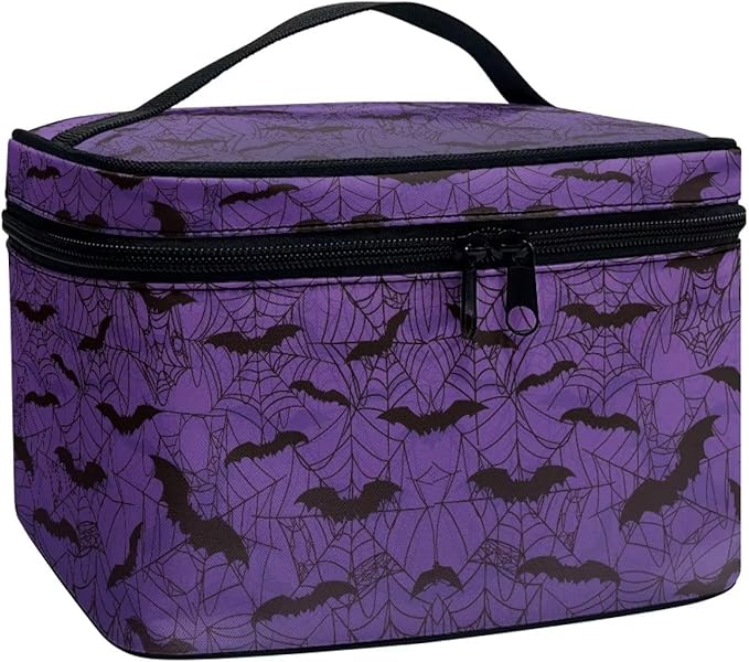 Gothic Halloween Purple Spider Web Bag Bats Print Makeup Bag Travel Cosmetic Bag with Zipper and Handle Portable Large Capacity Toiletry Case for Women Ladies Travel Accessories