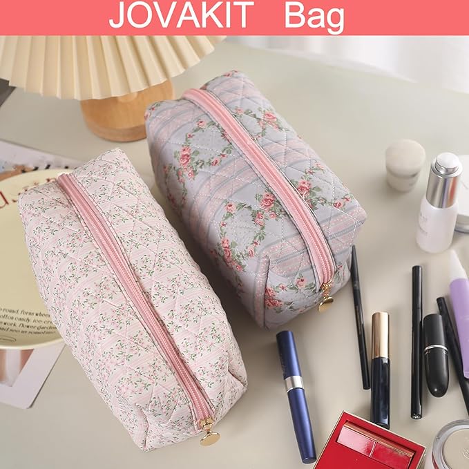 JOVAKIT Square Makeup Bag Cute Cosmetic Bag for Women, Floral Coquette Aesthetic Toiletry Bag, Zipper Make Up Pouch, Travel Make Up Organizer Bag (Pink Floral)
