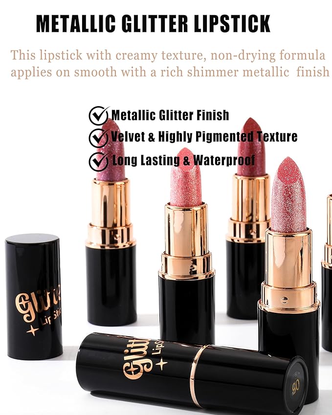 Pink Metallic Glitter Lipstick Long Lasting, Diamond Nude Shimmer Lip Gloss High Pigmented Lip Red Color Matte Lip Stick for Women, Sparkling Shiny Transfer Proof Non Stick Tinted Lip Balm Makeup-02