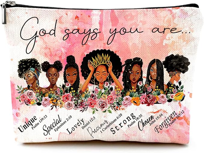 Cute Makeup Bag for Purse Canvas Waterproof Funny Cosmetic Bags for Women Zipper Travel Toiletry Pouch-African American Women Makeup Bags
