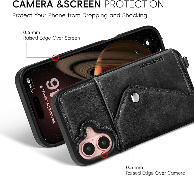 LUCKYCOIN Crossbody Wallet Phone Case for iPhone 16,100% Genuine Leather Wallet Phone Case with Expandable Flip Card Holder,Phone Purse for Women with Adjustable Removable Strap - Black
