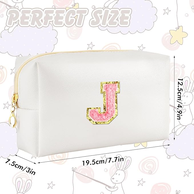 Initial Makeup Bag Personalized Preppy Travel Small Cosmetic Bag Cute PU White Chenille Letter Makeup Pouch for Purse Waterproof Zippered Toiletry Organizer for Women Girls Kids Friends (J)