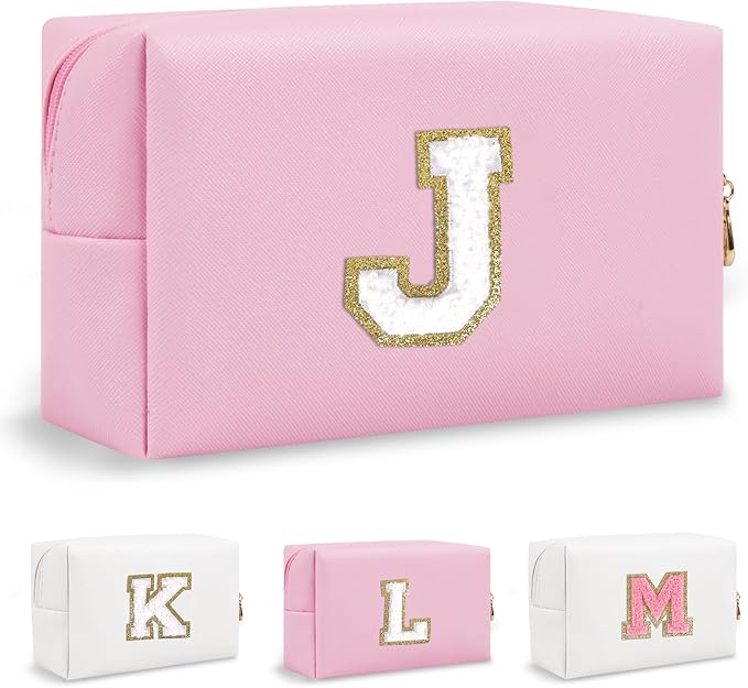 Personalized Preppy Small Travel Makeup Bag, Initial Chenille Letter Pink Makeup Bag Cosmetic Pouch Toiletry Organizer, PU Leather Waterproof Makeup Storage Cute Preppy Stuff for Female(Letter J)