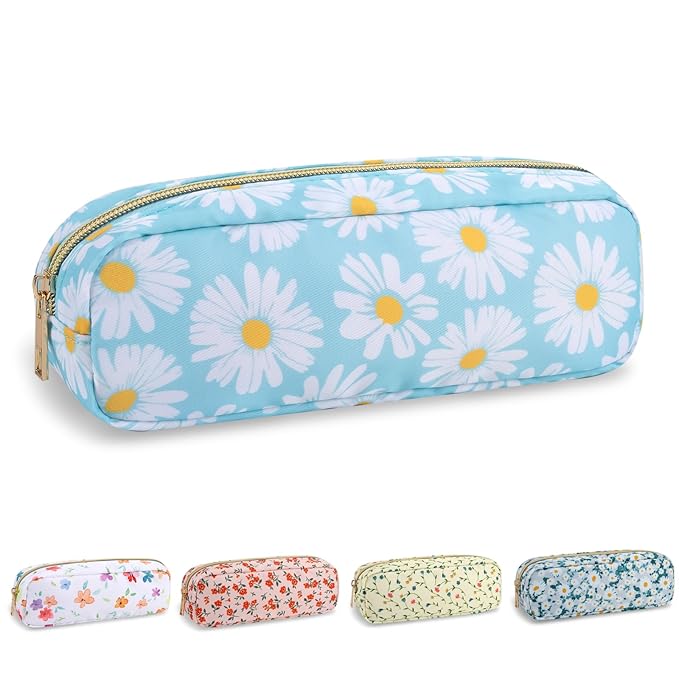 Waterproof Small Floral Pencil Case Makeup Bag for Purse,Cute Flower Pencil Pouch Preppy Nylon Makeup Brush Holder with Zipper,Girls Portable Storage Case Small Pen Bag for Work(Slim Blue-Daisy)
