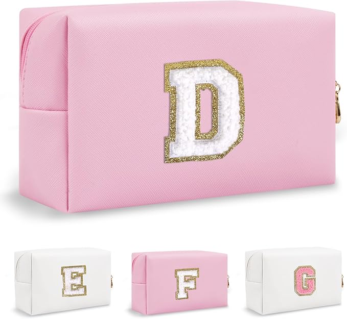Personalized Chenille Letter Preppy Makeup Bag, Mini Cute Pink Travel Cosmetic Bag Initial Toiletry Zipper Pouch Makeup Storage, Waterproof Makeup Case Travel Essentials for Women Female (Letter D)