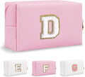 Personalized Chenille Letter Preppy Makeup Bag, Mini Cute Pink Travel Cosmetic Bag Initial Toiletry Zipper Pouch Makeup Storage, Waterproof Makeup Case Travel Essentials for Women Female (Letter D)