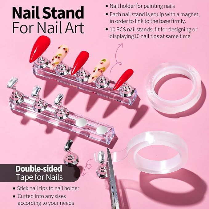 FANDAMEI Nail Art Brushes, Nail Brush Set With Nail Stand, Nail Holder For Painting Nails, Nail Art Tools, Nail Design Tools, 11PCS Nail Brushes For Nail Art, Nail Dotting Tool, Nail Art Palette, Pink