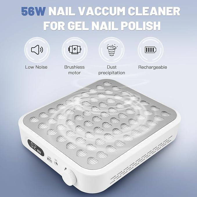 Rechargeable Cordless Nail Dust Collector: Powerful Quiet Nail Fan Vacuum Dust Collector with 2 Filters 1 Brush, Nail Vent Dust Extractor Cleaner for Acrylic Gel Nail Polishing Nail Tech Use, White