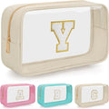 Personalized Initial Clear Makeup Bag, Travel Chenille Patch Cosmetic Bag, Preppy Toiletry Bag Monogram Cosmetic Pouch with Zipper, Ideal Gift for Teen Girls Women (Clear-Beige, Y)