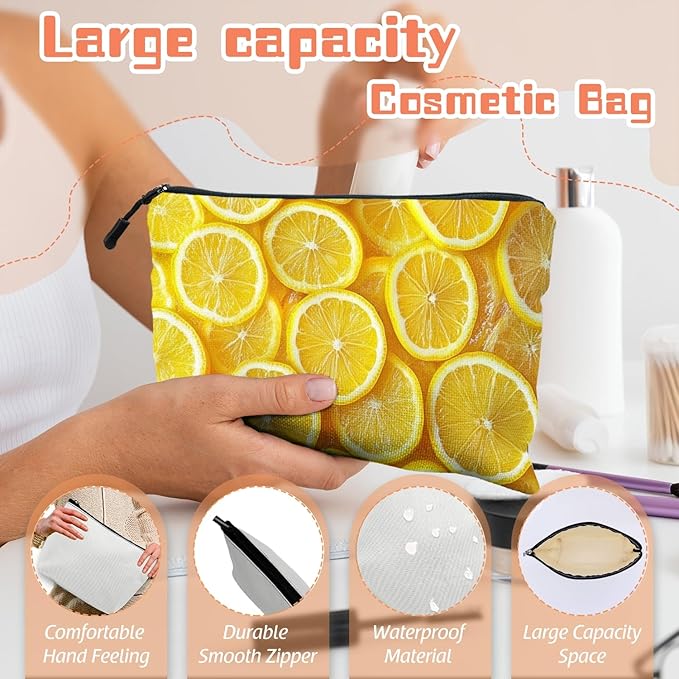 Cosmetic Bags Travel Makeup Toilet Case Waterproof Pouch for Women Girls 6.7X9.45inches - Arrangement of Lemon Slices in A Bright Yellow