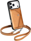 LUCKYCOIN Crossbody Wallet Phone Case for iPhone 17 Pro Max,100% Genuine Leather Wallet Phone Case with Expandable Flip Card Holder,Phone Purse for Women with Adjustable Removable Strap - Brown
