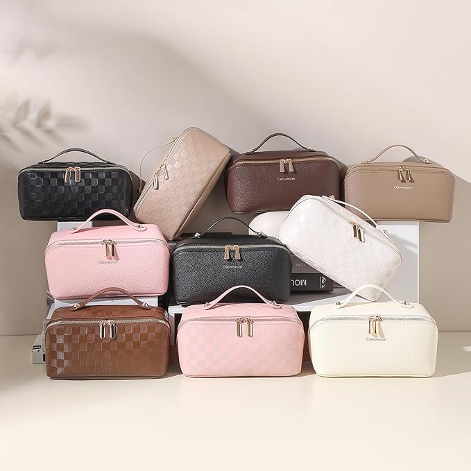 Makeup Bag, Travel Toiletry Bag for Women, Large Capacity Waterproof PU Leather Cosmetic Bags Make Up Organizer Bags with Headband and Wristband Set (Pink, Lychee Pattern)
