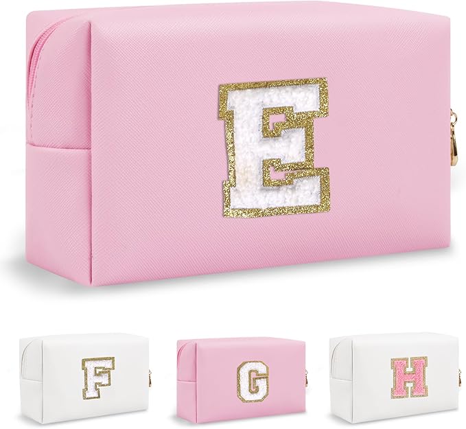 Personalized Chenille Letter Preppy Patch Makeup Bag, Small Pink Travel Cosmetic Bag Initial Toiletry Zipper Pouch Monogram Makeup Storage, Waterproof Makeup Case Travel Essentials for Women(Letter E)