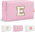 Personalized Chenille Letter Preppy Patch Makeup Bag, Small Pink Travel Cosmetic Bag Initial Toiletry Zipper Pouch Monogram Makeup Storage, Waterproof Makeup Case Travel Essentials for Women(Letter E)