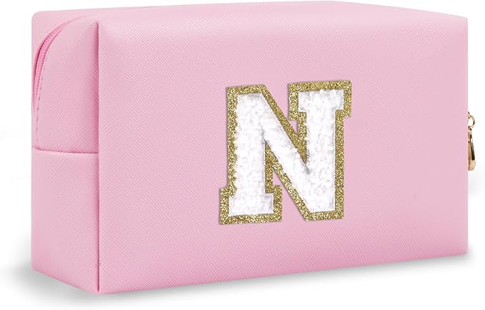 Chenille Letter Personalized Initial Preppy Makeup Bag, Small Travel Cute Pink Cosmetic Zipper Pouch Toiletry Bags, Waterproof PU Monogram Make Up Organizer Gift for Nurse Nieces Teacher(Letter N)