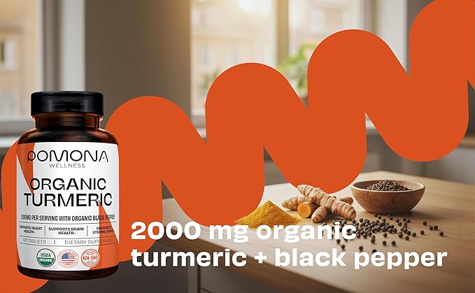 Pomona Wellness Organic Turmeric Supplement 2100 mg, USDA Organic, Non-GMO, Vegan, Turmeric Curcumin with Black Pepper for Absorption, for Joint Support and Immunity, 90 Tablets