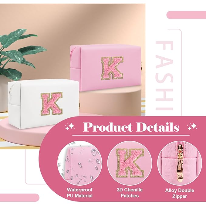 Personalized Initial A-Z Preppy Patch Makeup Bag,Small PU Leather Chenille Letter Cosmetic Bag with Zipper for Teen Girls,Pink Cute Travel Toiletry Bag,Birthday Monogrammed Gift for Daughter,Letter K