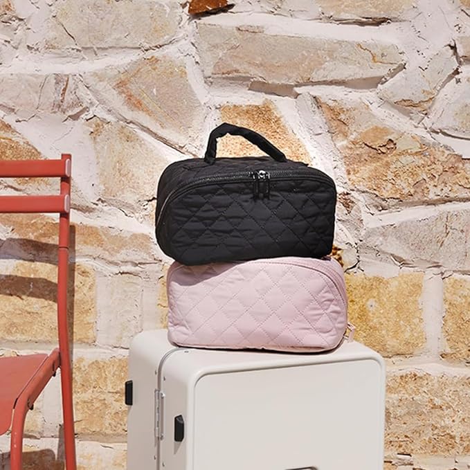 Petition Makeup Bag, 180° Open Lay-Flat Cosmetic Case, Large Capacity Compartment Makeup Bag, Lightweight, Soft and Fashion for Bottles & Brushes (White)