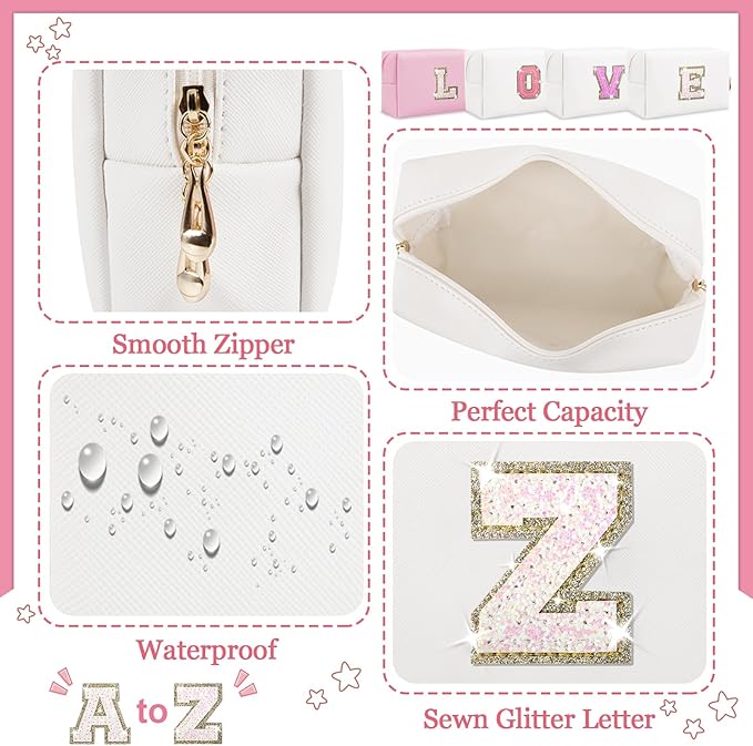 Initial Letter Patch Makeup Bag, Preppy Glitter Pouch Cosmetic Bag, Small PU Travel Toiletry Bag Zipper, Personalized Monogrammed Gift for Friends, Sisters & Teens (Letter Z)