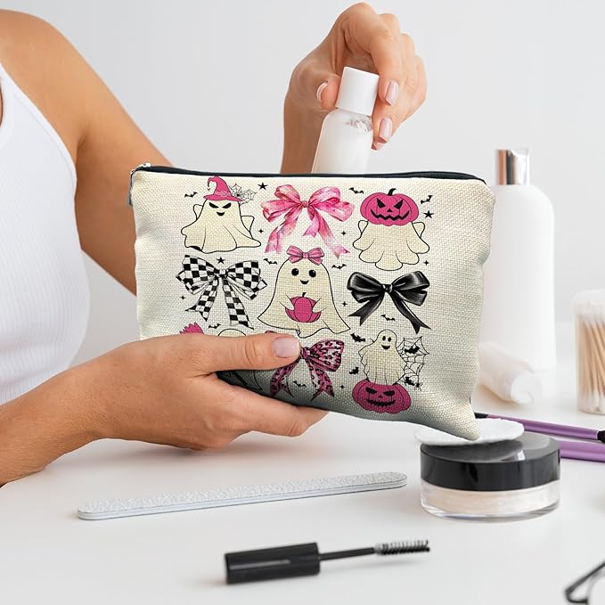 Coquette Bow Ghost Cosmetic Bags: Cute Halloween Gifts for Women, Horror & Spooky Makeup Bags