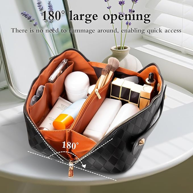 Abiudeng Travel Makeup Bag,Large Capacity Toiletry Bag Cosmetic Bags for Travel Essentials,Waterproof Portable Pouch Open Flat Makeup bag Organizer with Divider and Handle-black rhombus