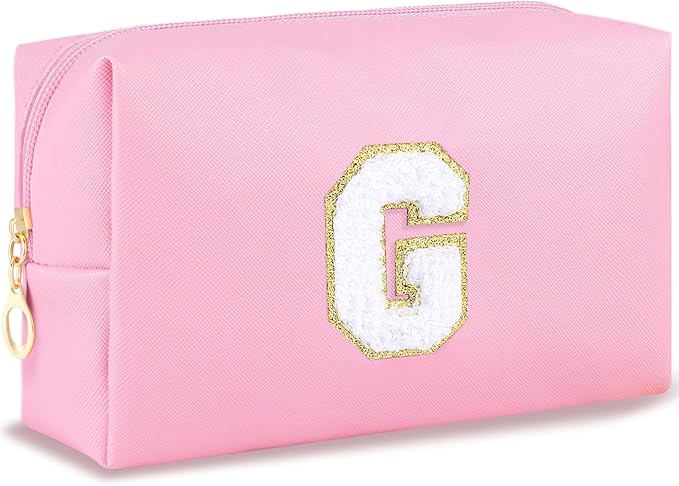 Initial Makeup Bag Personalized Preppy Travel Small Cosmetic Bag Cute PU Pink Chenille Letter Makeup Pouch for Purse Waterproof Zippered Toiletry Organizer for Women Girls Kids Friends (G)