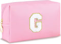 Initial Makeup Bag Personalized Preppy Travel Small Cosmetic Bag Cute PU Pink Chenille Letter Makeup Pouch for Purse Waterproof Zippered Toiletry Organizer for Women Girls Kids Friends (G)