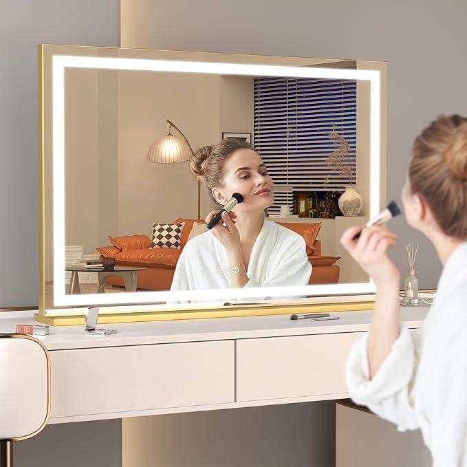 Hasipu Vanity Mirror with Lights, 32" x 22" LED Makeup Mirror, Lighted Makeup Mirror with Dimmable 3 Modes, Touch Screen Control Vanity Mirror Square Gold