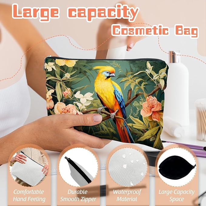 Makeup Bag Travel Cosmetic Bags Small Makeup Case Waterproof Zipper Pouch for Women Girls 7X9inches - Colorful Bird on A Branch with Tropical Flowers