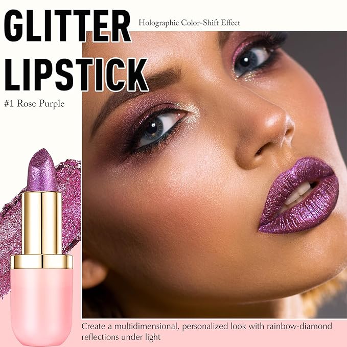 Glitter Lipstick Makeup, Rose Purple Holographic Metallic Lip Stick Long Lasting Lightweight Non-Sticky Hydrating Lip Tinted Full Coverage High-Shine Sparkling Chameleon Lipstick for Women