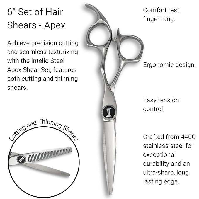 Apex 6" Complete Set of Hair Cutting Shears Includes a 6" Cutting Scissors and a 6" Thinning Shear with a Leather Case - 440C Stainless Steel - Designed by Saki Shears
